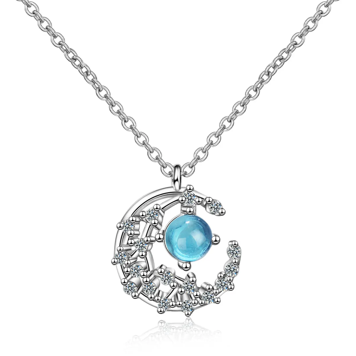 Blue Crystal & Cubic Zirconia Crescent Moon Pendant Necklace
