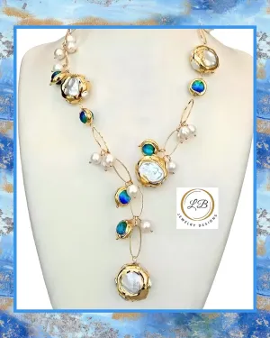 Blue Murano Baubles and Freshwater Pearls Gold Chain Statement Necklace 21”