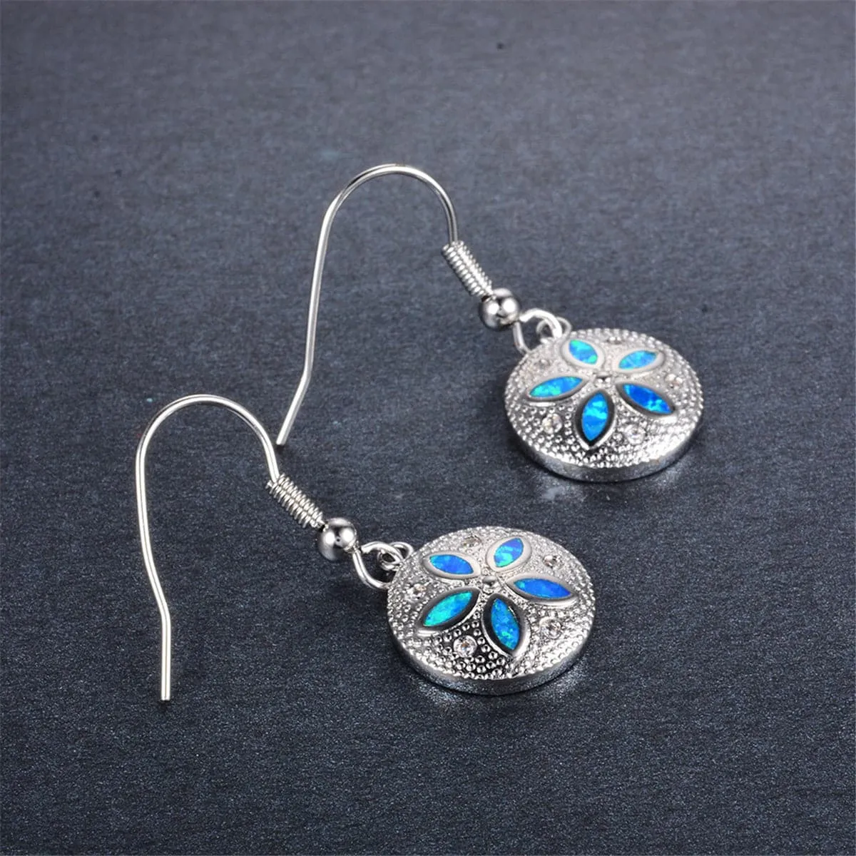 Blue Opal & Cubic Zirconia Round Floral Drop Earrings