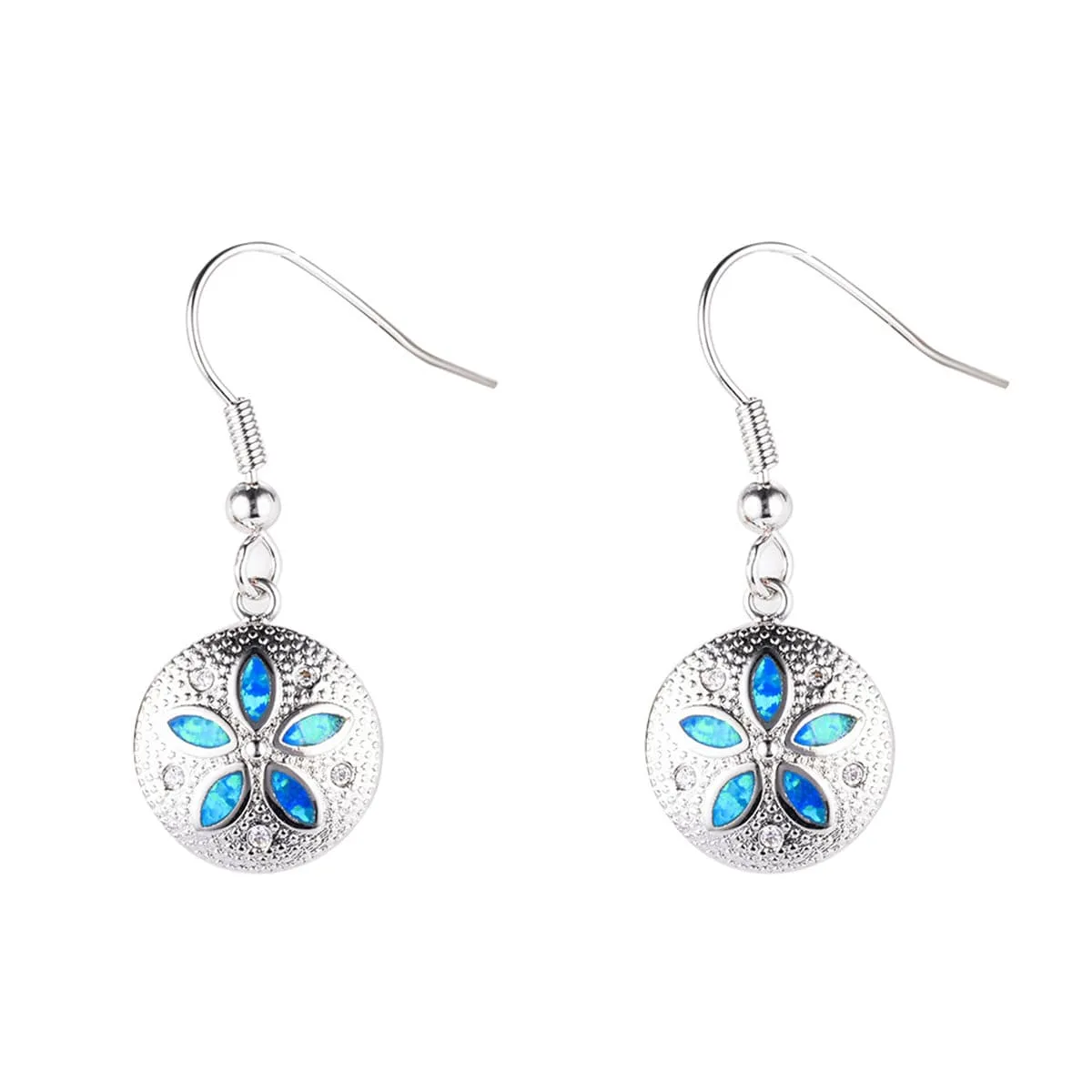 Blue Opal & Cubic Zirconia Round Floral Drop Earrings