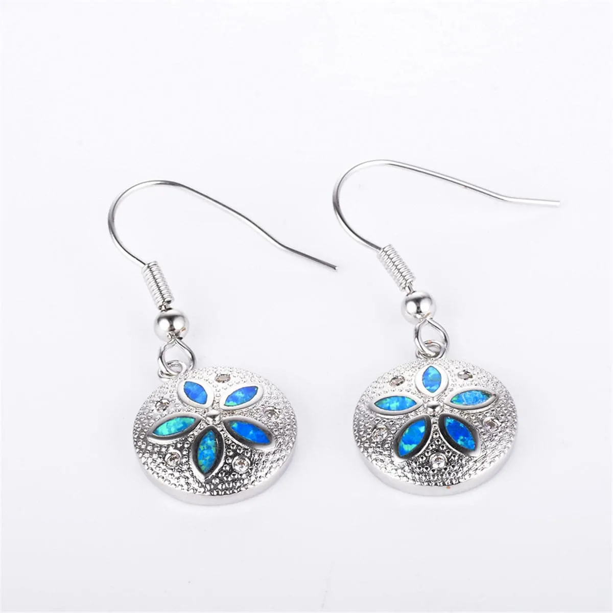 Blue Opal & Cubic Zirconia Round Floral Drop Earrings