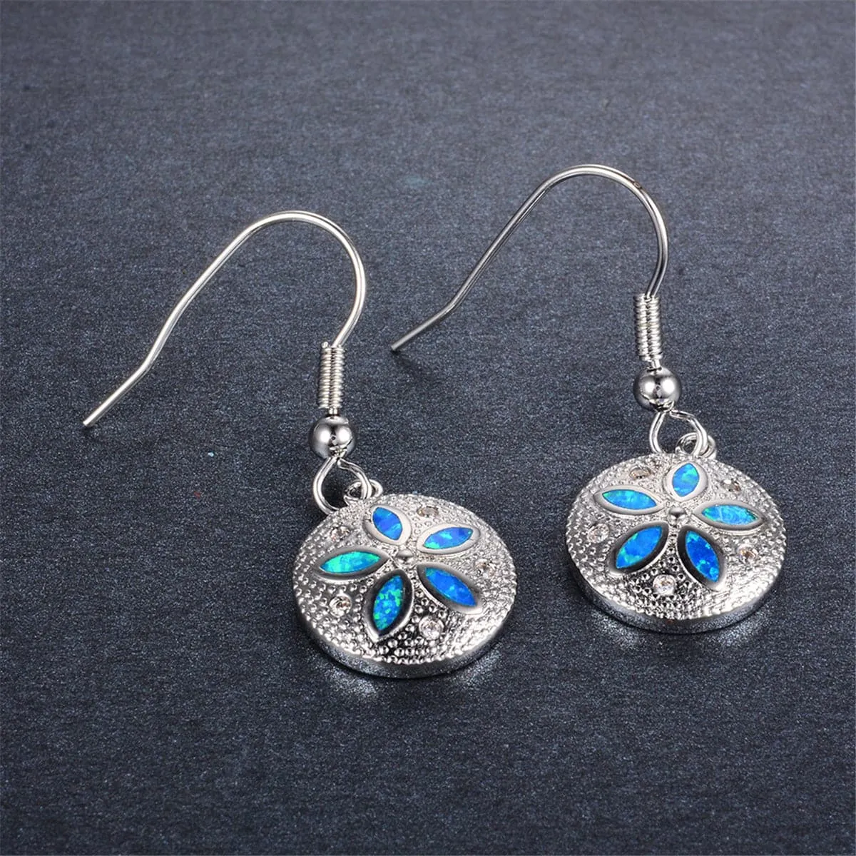 Blue Opal & Cubic Zirconia Round Floral Drop Earrings
