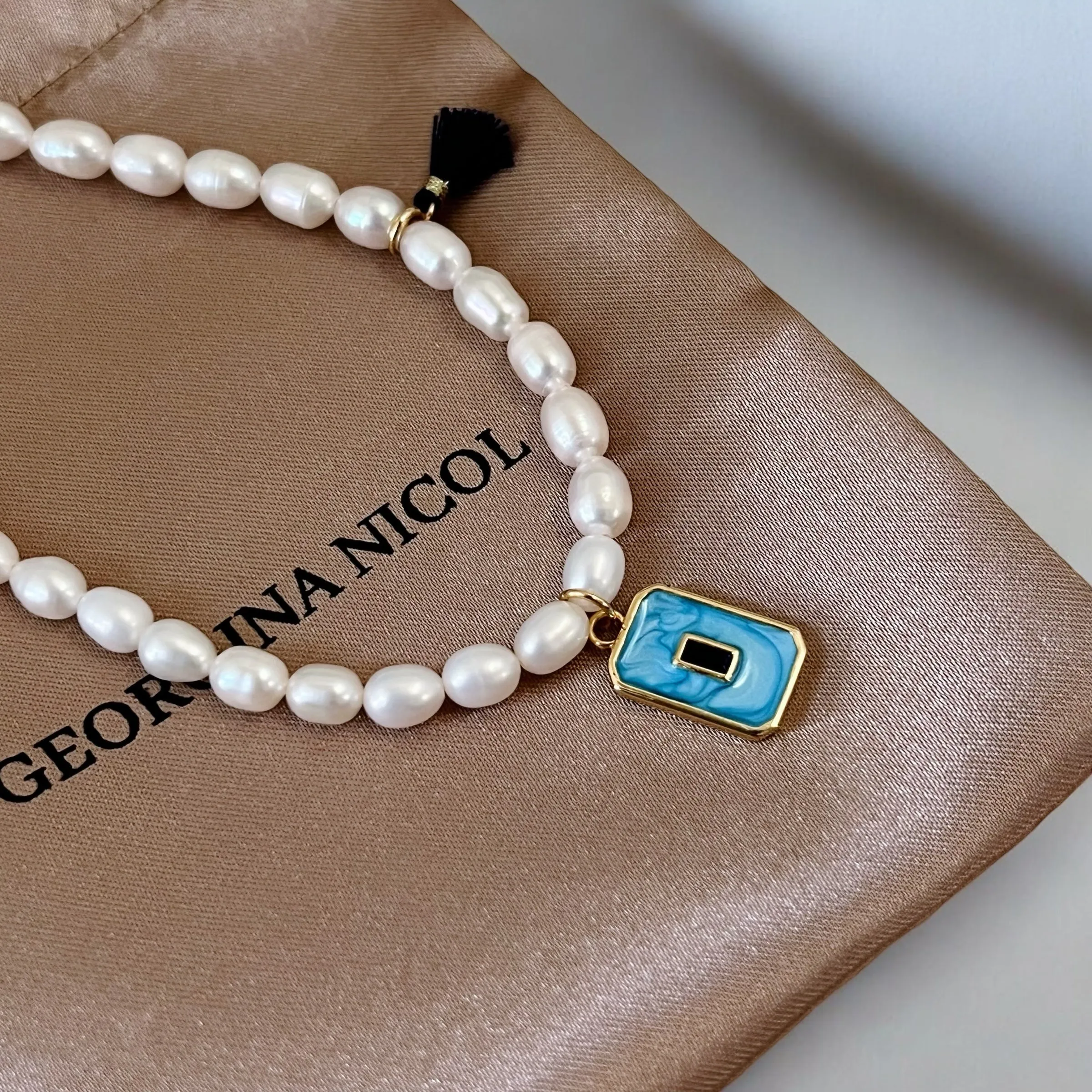 Blue Square Pearl Necklace