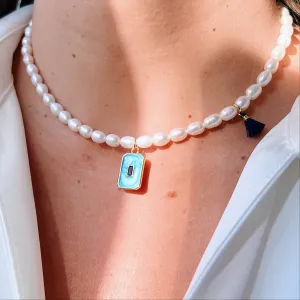Blue Square Pearl Necklace