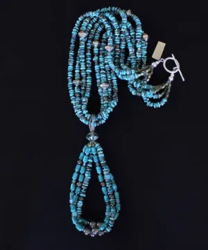 Blue Turquoise Rondelle Bead 4-Strand Necklace with 3-Loop Turquoise Barrel & Rondelle Bead Jacla, Hill Tribe Silver Spiral Bicones, Czech Glass Rounds & Cubes, and a Hammered Sterling Silver Toggle Clasp