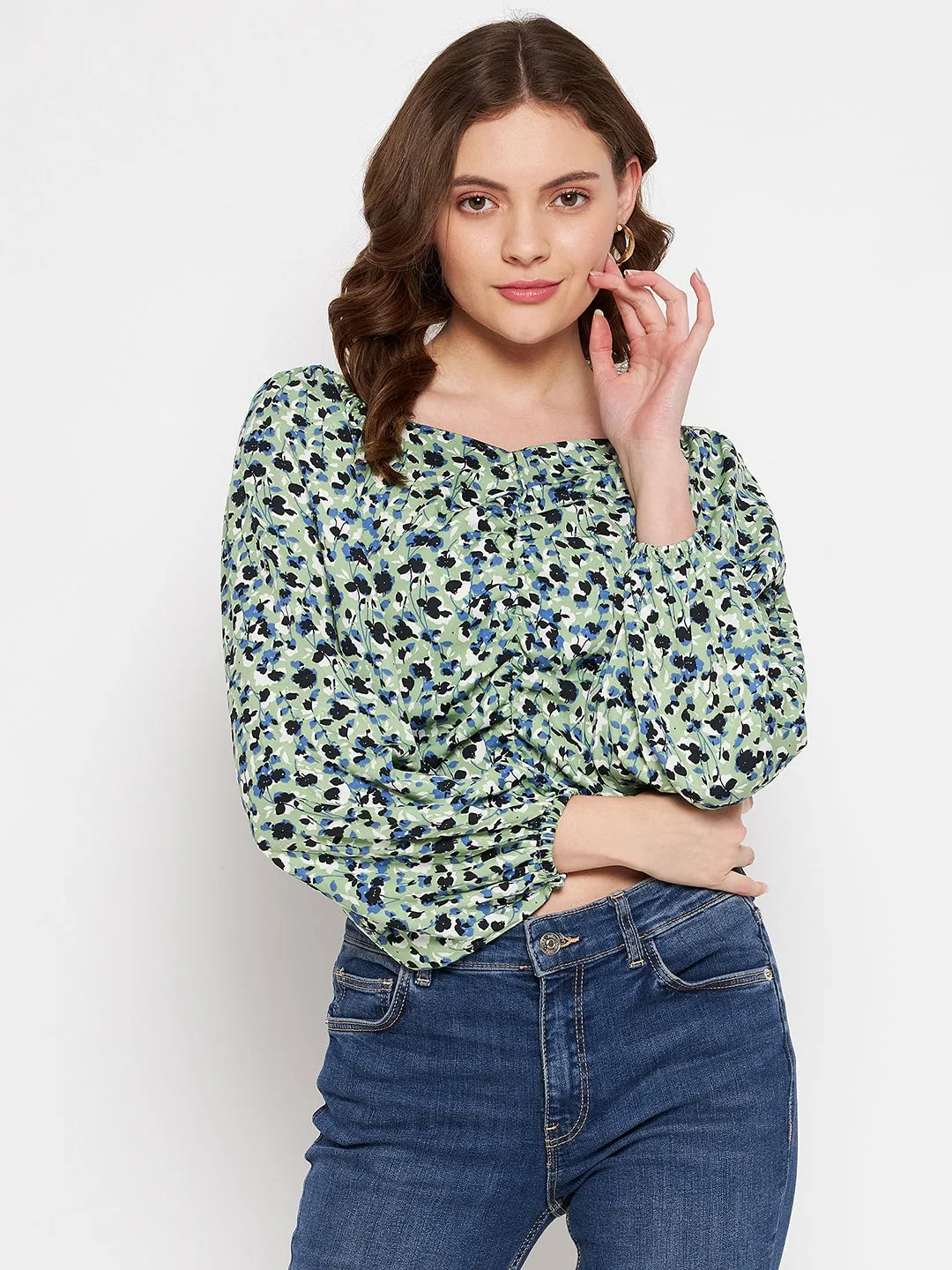 Camla Barcelona Square Neck Mint Green Floral Ruched Top