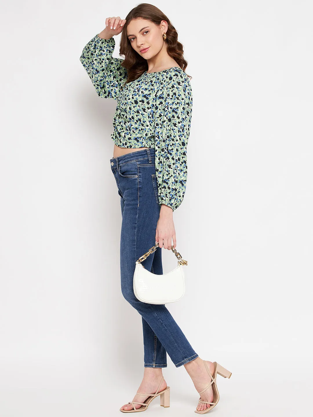 Camla Barcelona Square Neck Mint Green Floral Ruched Top