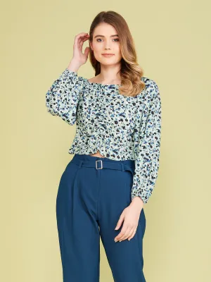 Camla Barcelona Square Neck Mint Green Floral Ruched Top