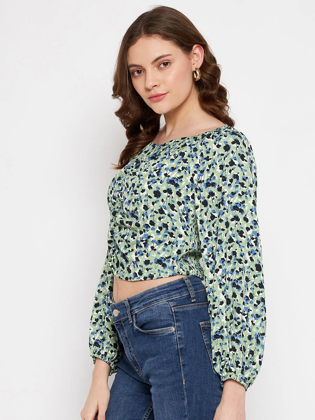 Camla Barcelona Square Neck Mint Green Floral Ruched Top