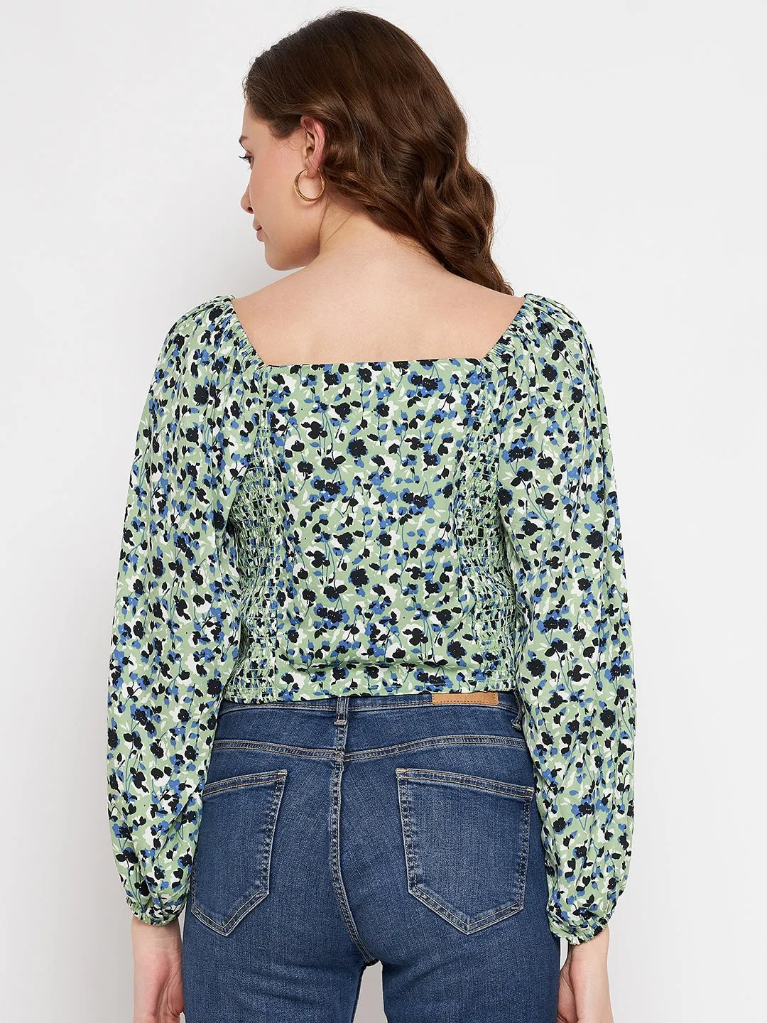 Camla Barcelona Square Neck Mint Green Floral Ruched Top