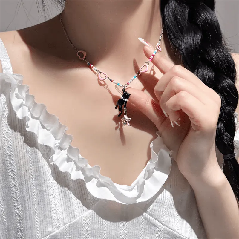 Chic Pink Heart Star Kitty Pendant Necklace
