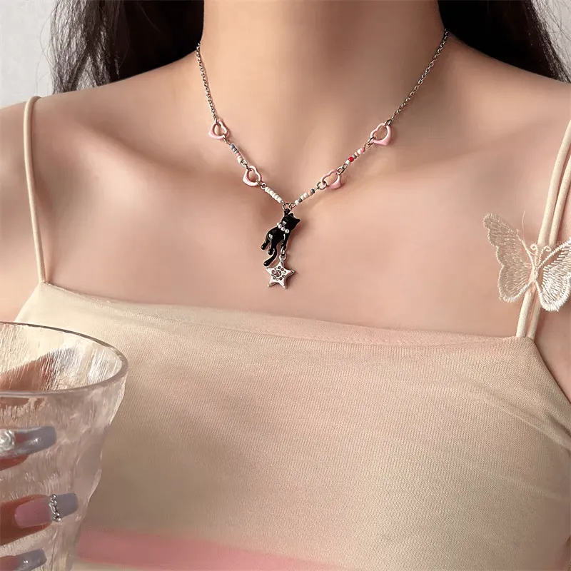 Chic Pink Heart Star Kitty Pendant Necklace