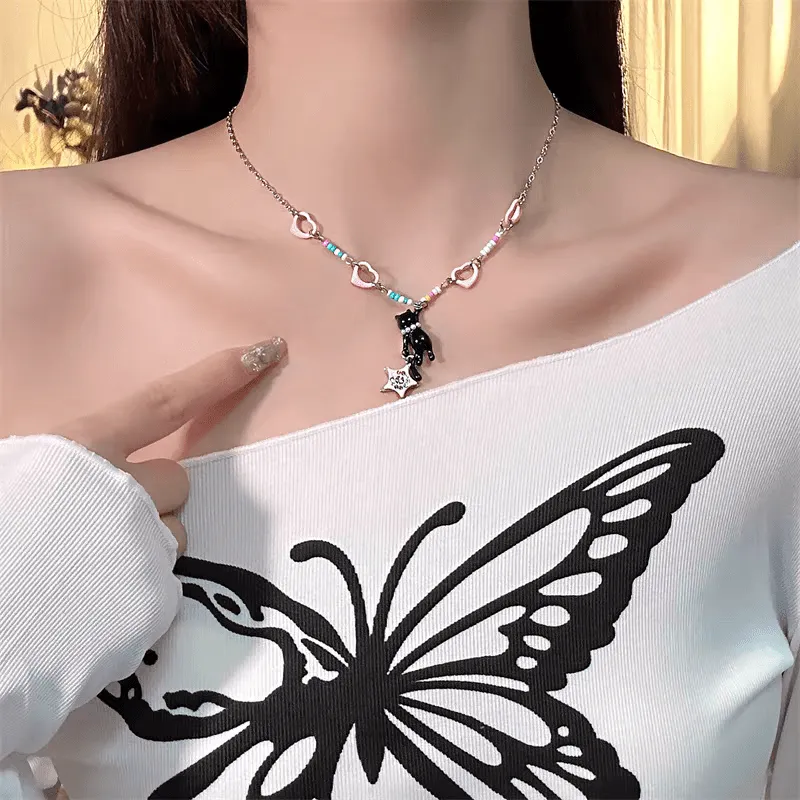 Chic Pink Heart Star Kitty Pendant Necklace