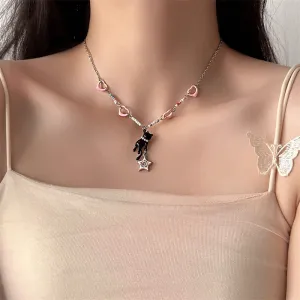 Chic Pink Heart Star Kitty Pendant Necklace