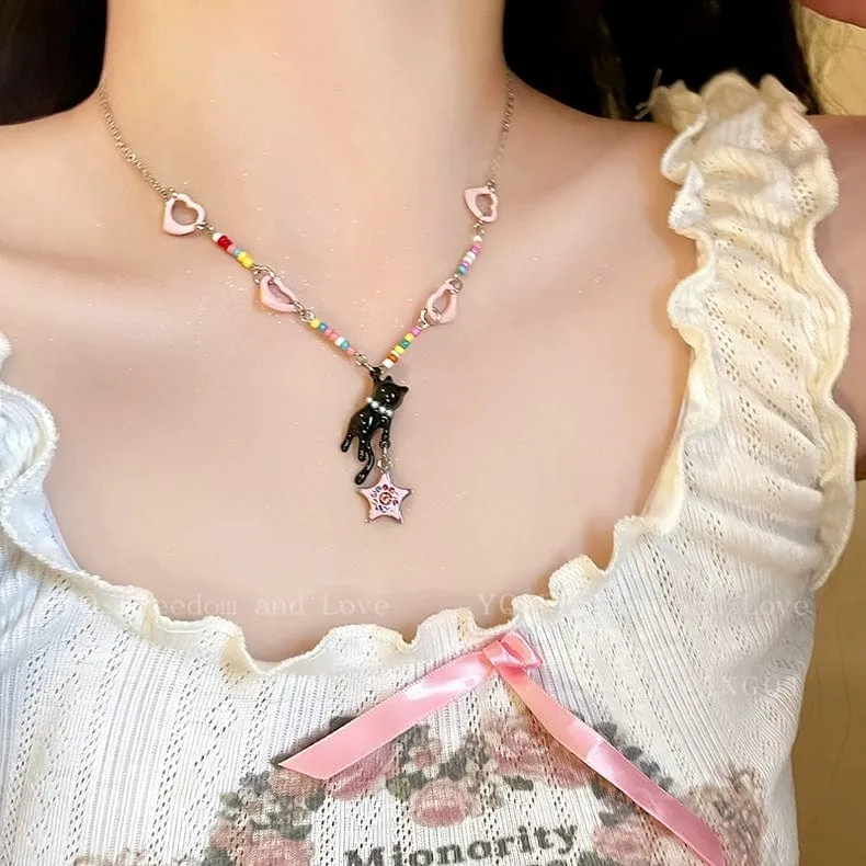 Chic Pink Heart Star Kitty Pendant Necklace