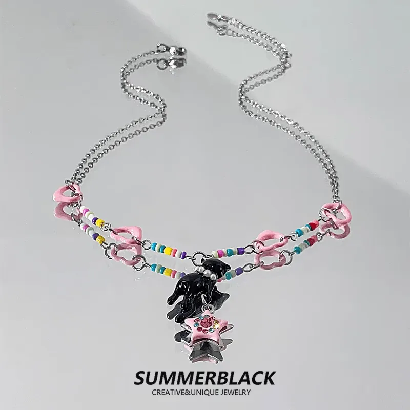 Chic Pink Heart Star Kitty Pendant Necklace