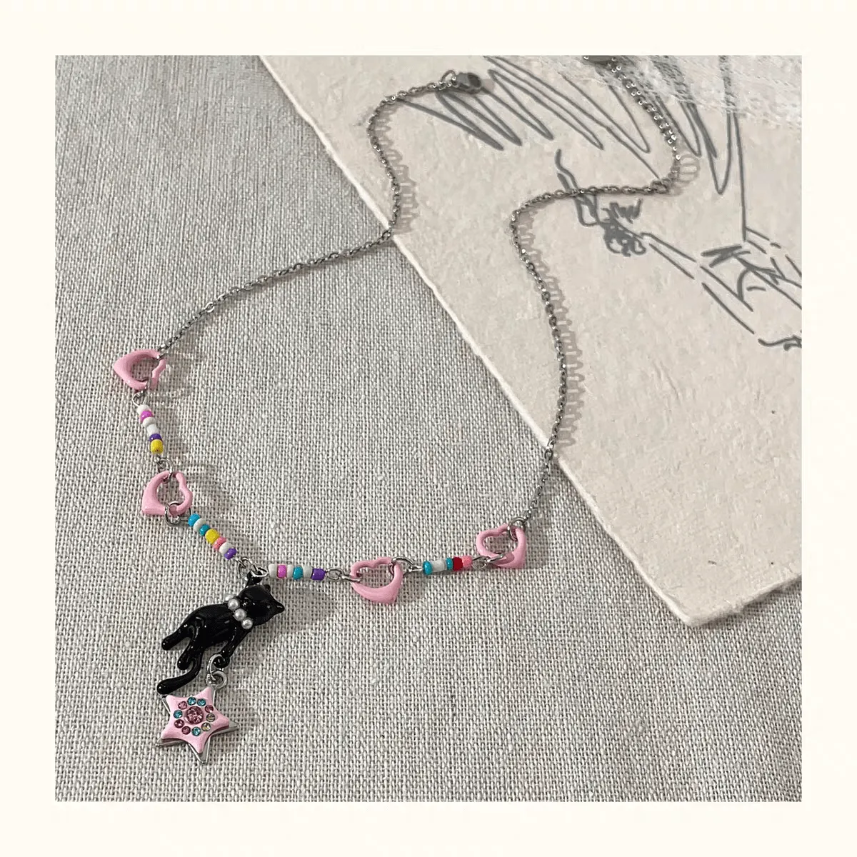Chic Pink Heart Star Kitty Pendant Necklace