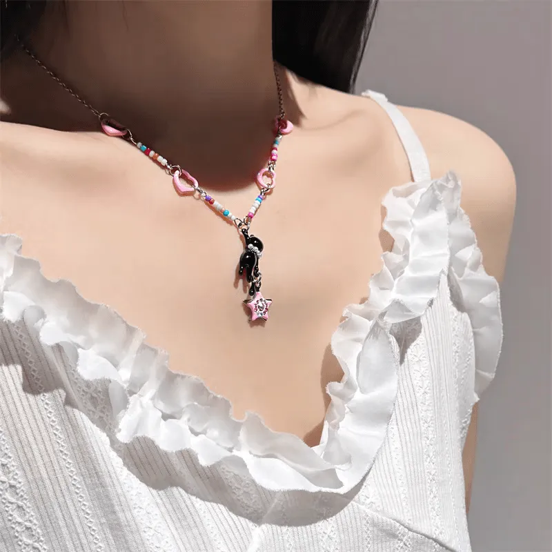 Chic Pink Heart Star Kitty Pendant Necklace