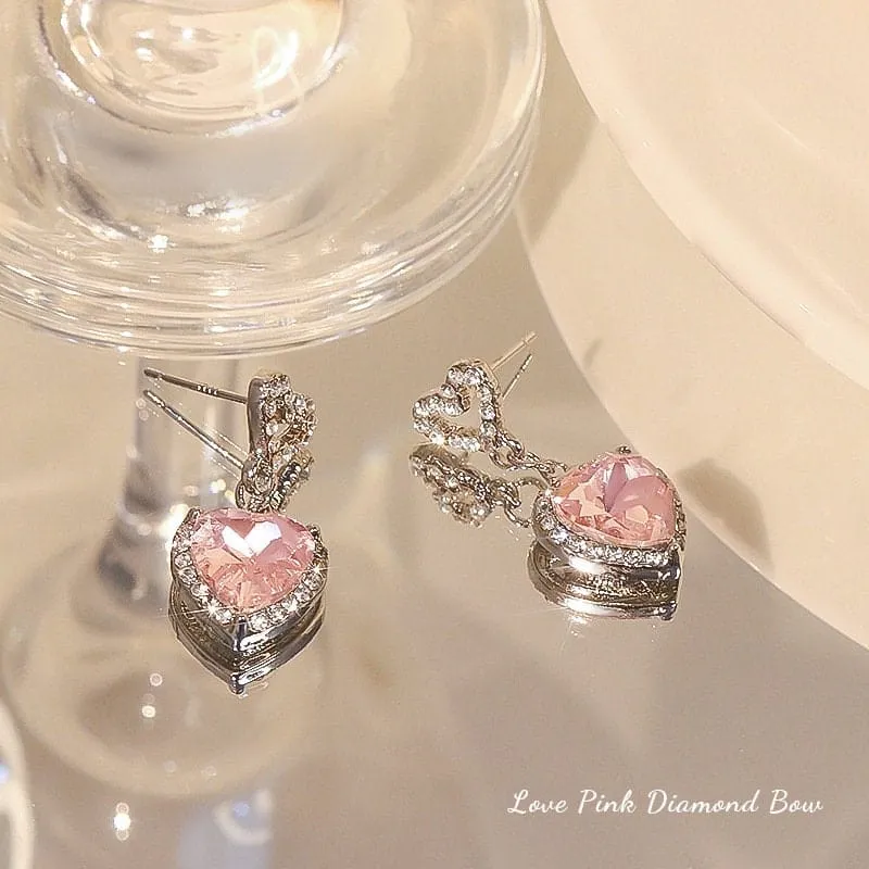 Chic Pink Rhinestone Heart Pendant Cubic Zirconia Chain Necklace Dangle Earrings Set