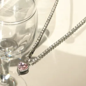 Chic Pink Rhinestone Heart Pendant Cubic Zirconia Chain Necklace Dangle Earrings Set