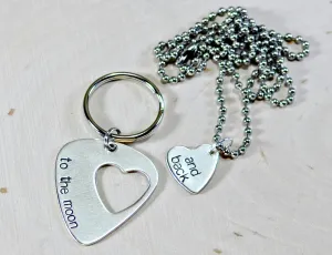 Couples sterling silver guitar pick keychain and necklace with love to the moon and back