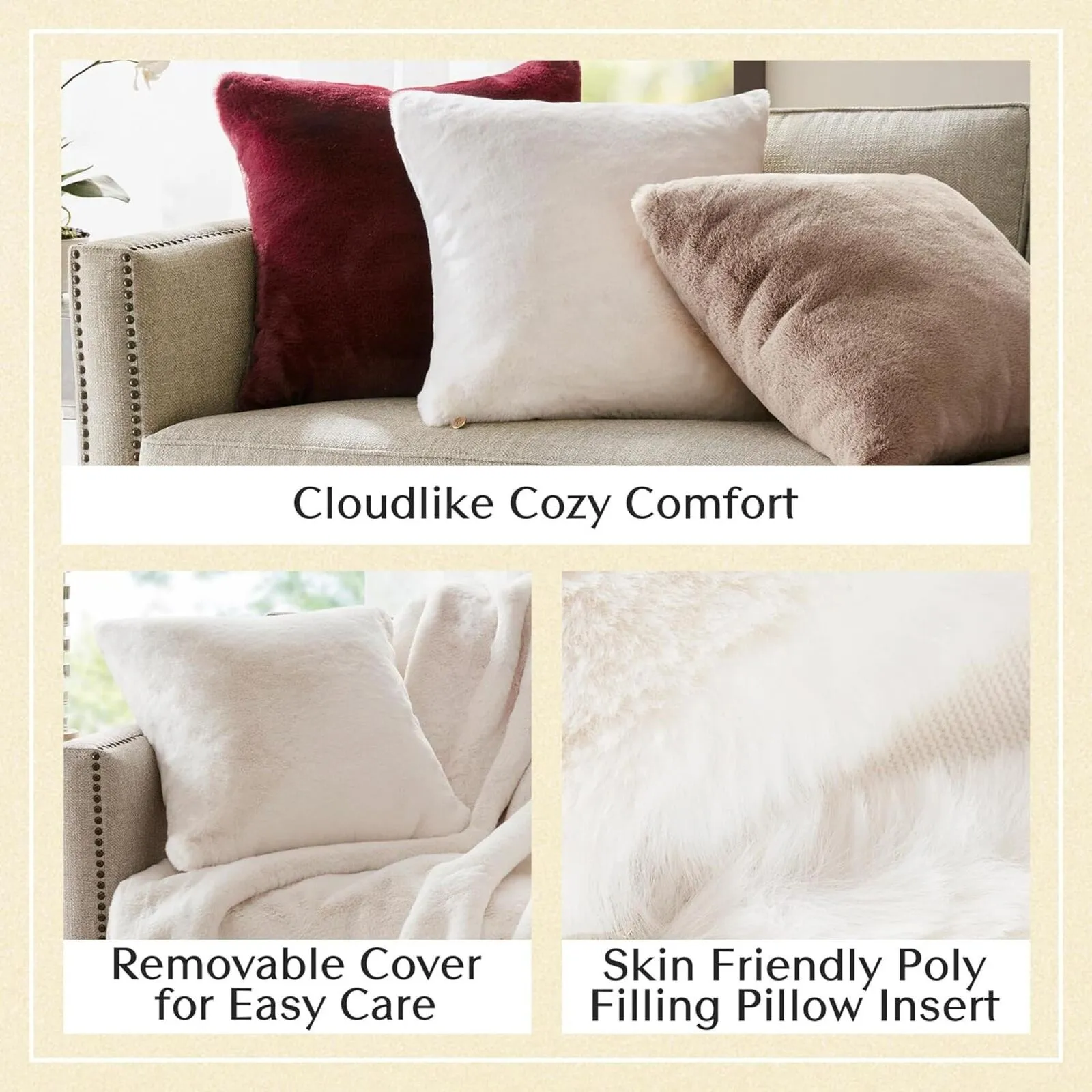 Croscill Solid Faux Fur Square Decor Throw Pillow Ivory Off White 20 in x 20 in.