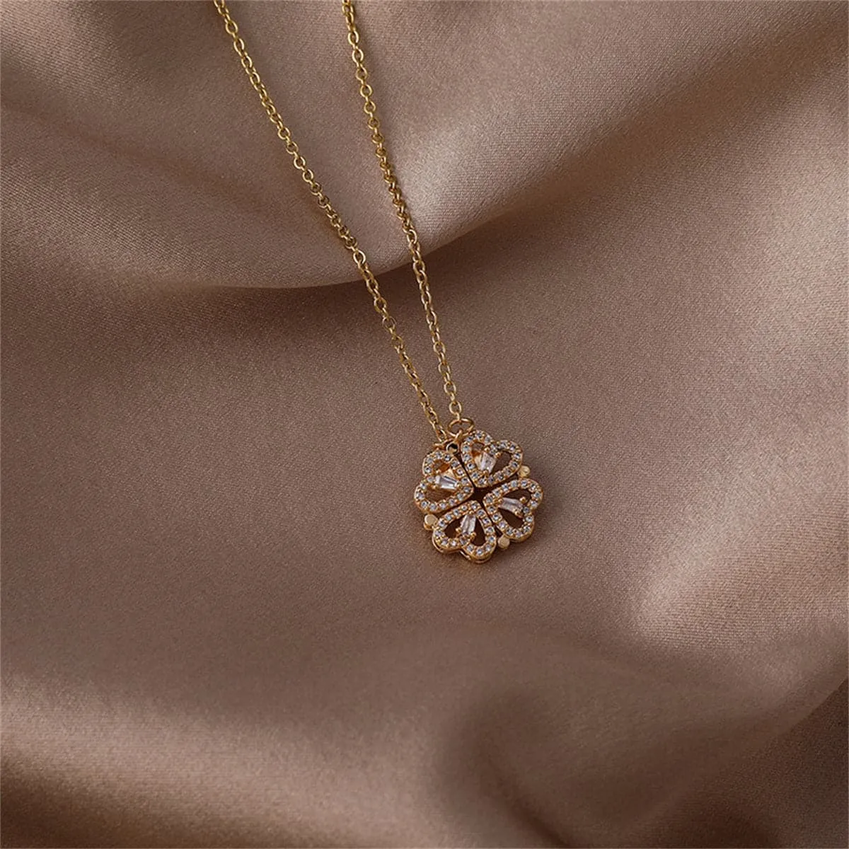Cubic Zirconia & 18K Gold-Plated Heart Clover Pendant Necklace