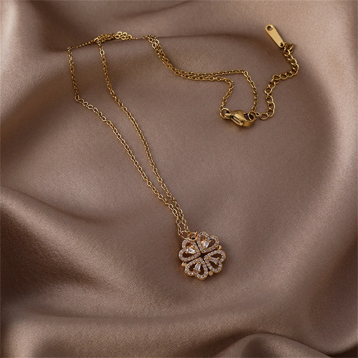 Cubic Zirconia & 18K Gold-Plated Heart Clover Pendant Necklace