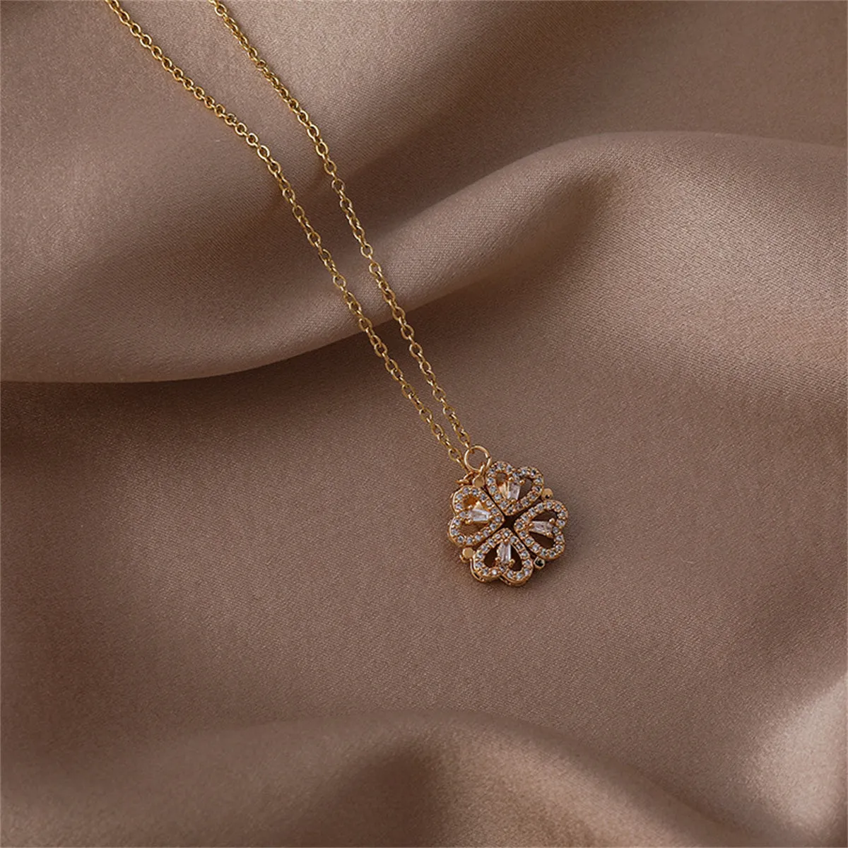 Cubic Zirconia & 18K Gold-Plated Heart Clover Pendant Necklace