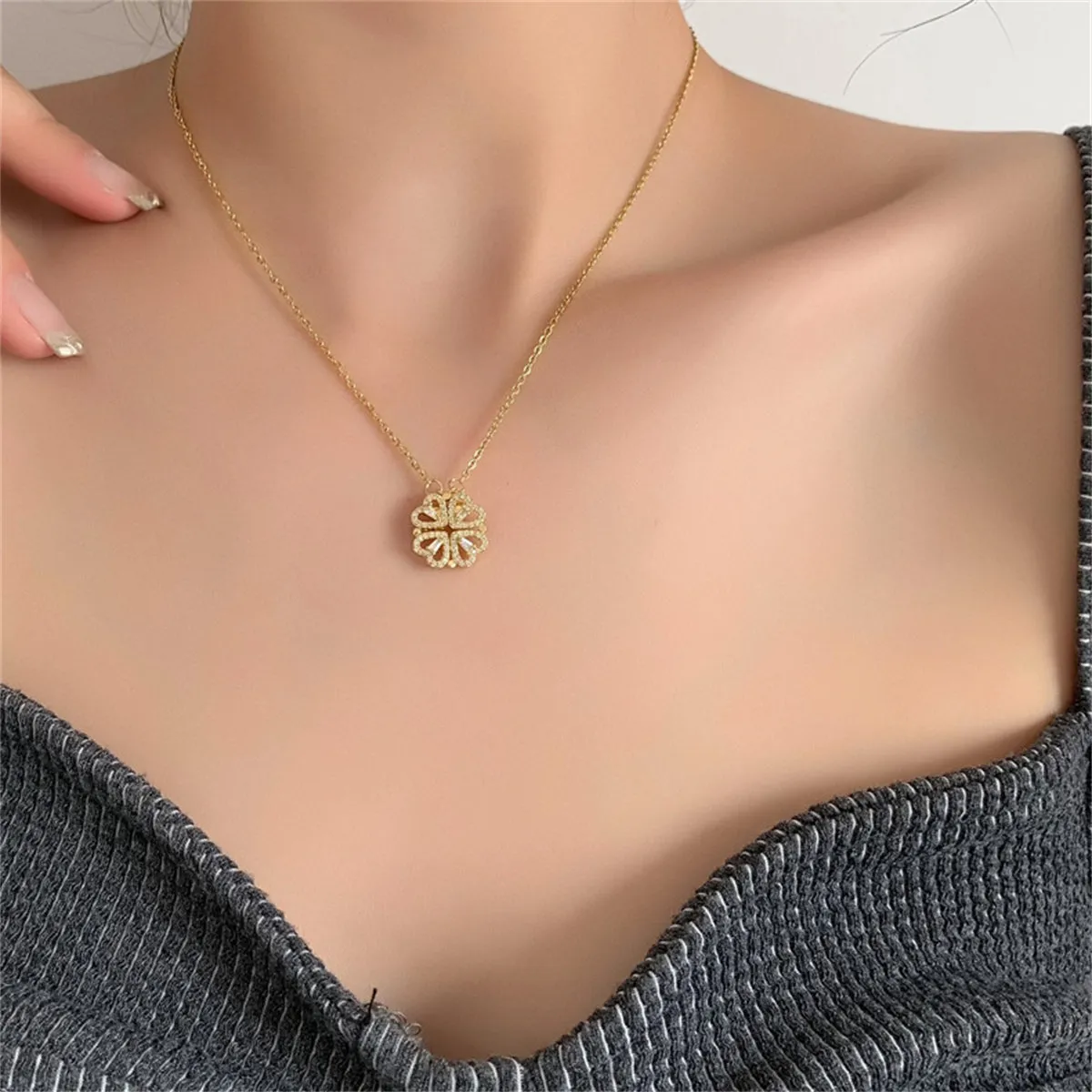 Cubic Zirconia & 18K Gold-Plated Heart Clover Pendant Necklace