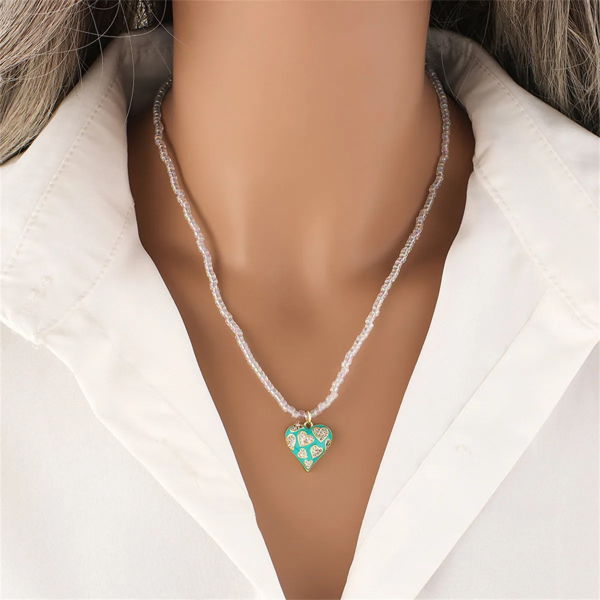 Cubic Zirconia & Clear Acrylic Open Heart Pendant Necklace