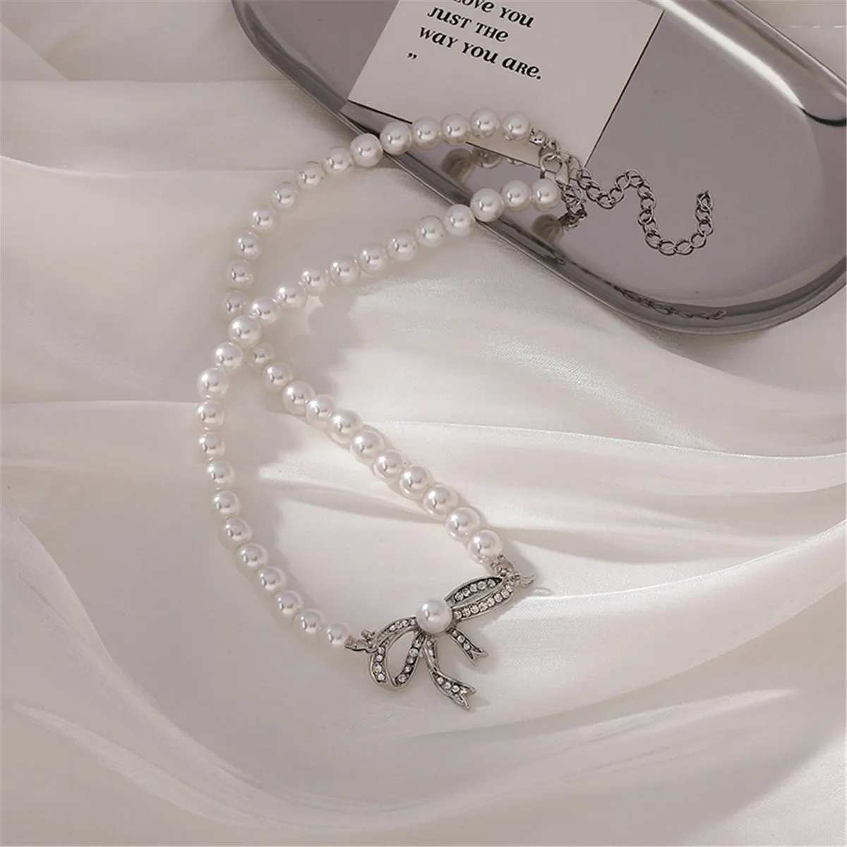 Cubic Zirconia & Pearl Beaded Bow Pendant Necklace