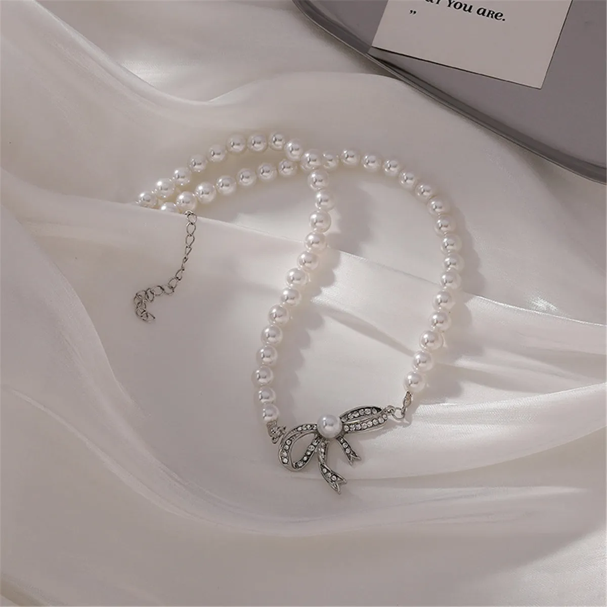 Cubic Zirconia & Pearl Beaded Bow Pendant Necklace