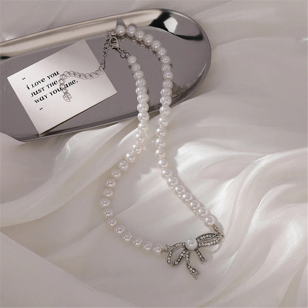 Cubic Zirconia & Pearl Beaded Bow Pendant Necklace