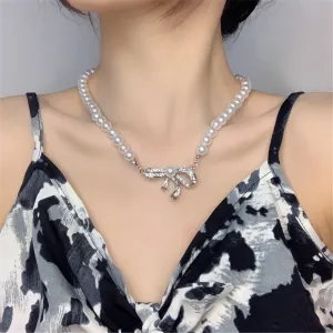 Cubic Zirconia & Pearl Beaded Bow Pendant Necklace