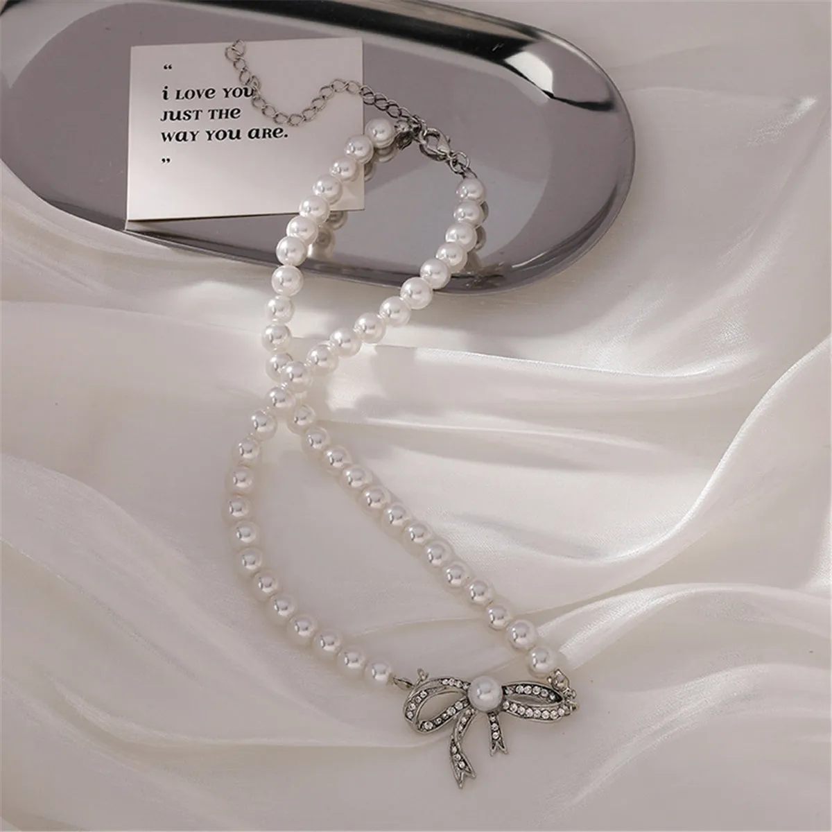 Cubic Zirconia & Pearl Beaded Bow Pendant Necklace