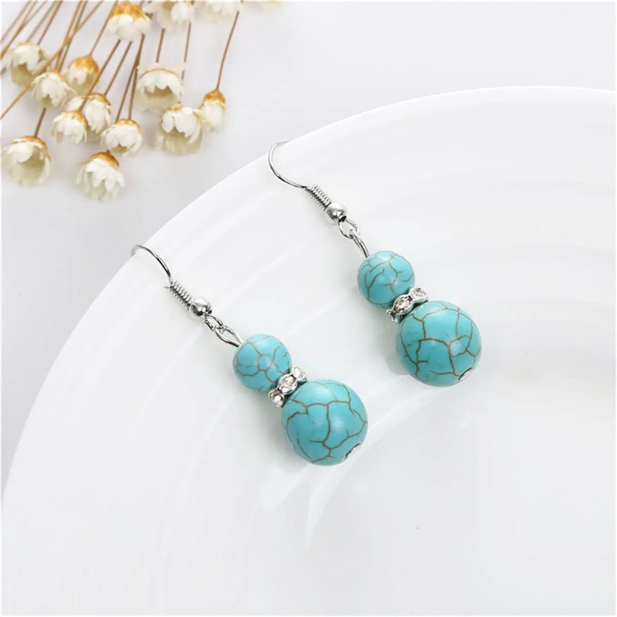 Cubic Zirconia & Turquoise Silver-Plated Round Drop Earrings
