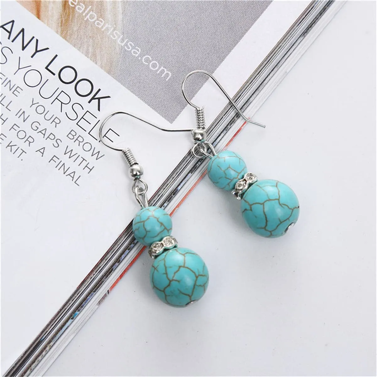 Cubic Zirconia & Turquoise Silver-Plated Round Drop Earrings