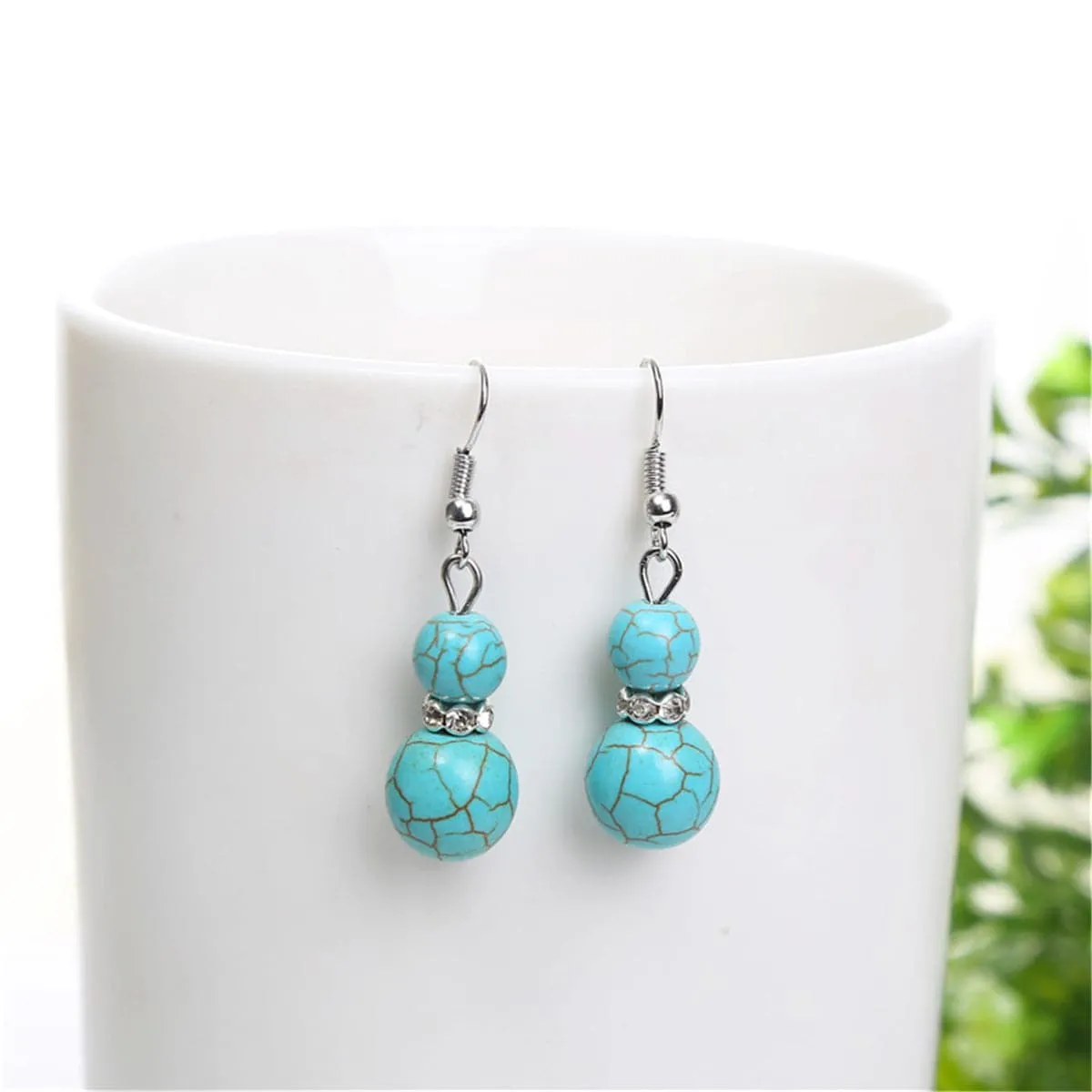 Cubic Zirconia & Turquoise Silver-Plated Round Drop Earrings
