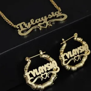 Custom Name Heart Necklace & Bamboo Earring Set