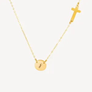 Customized Sideways Cross and Monogram Link Disc 7/16" Necklace