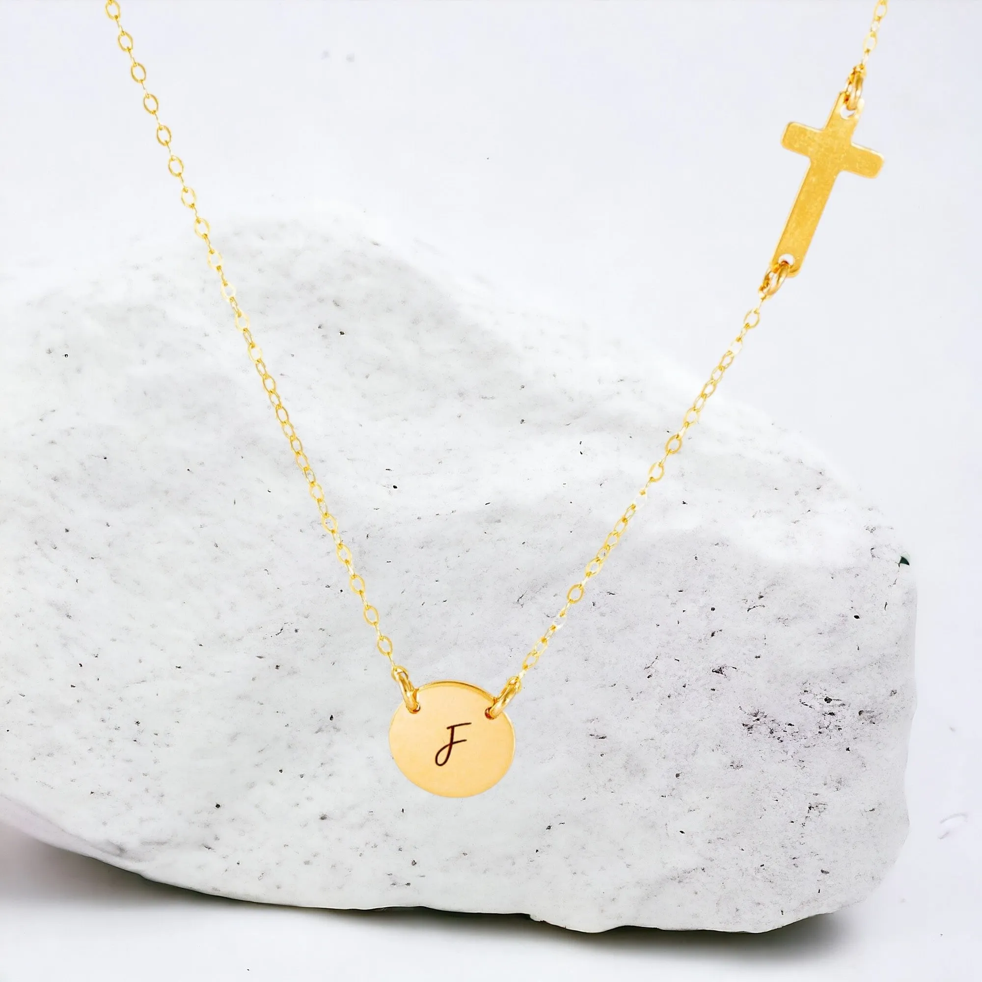 Customized Sideways Cross and Monogram Link Disc 7/16" Necklace