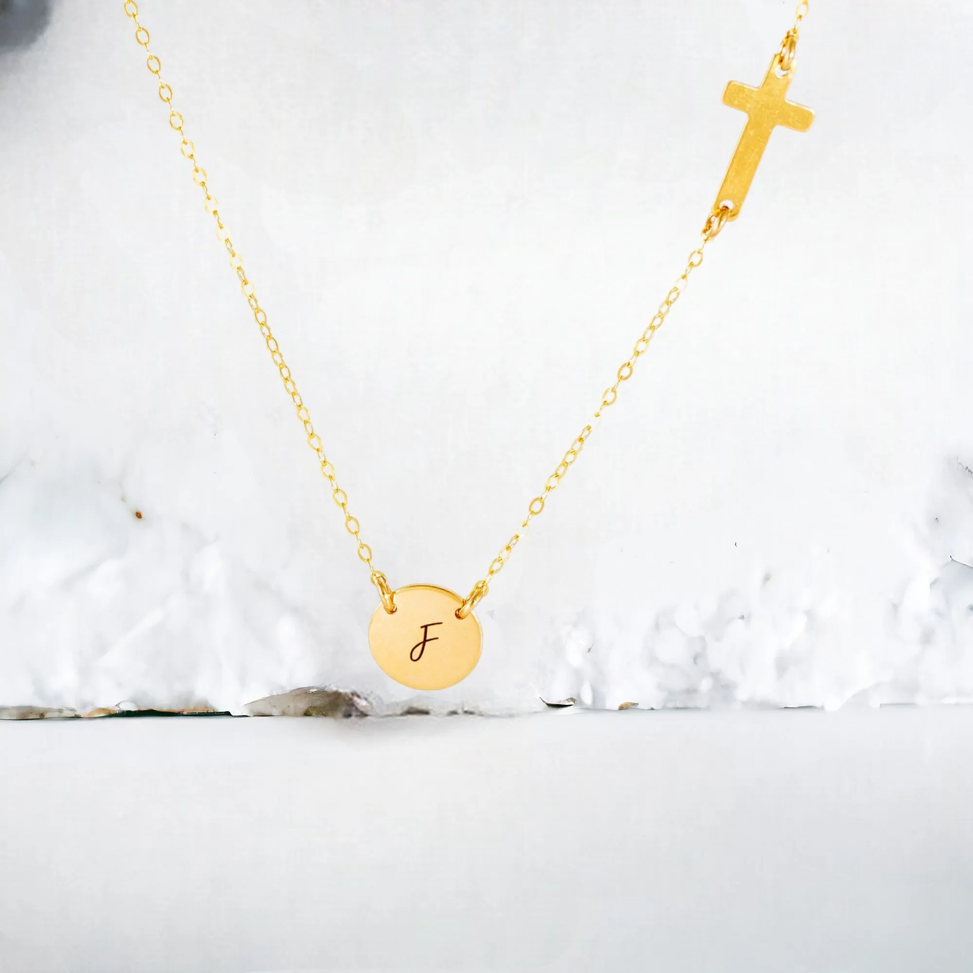 Customized Sideways Cross and Monogram Link Disc 7/16" Necklace