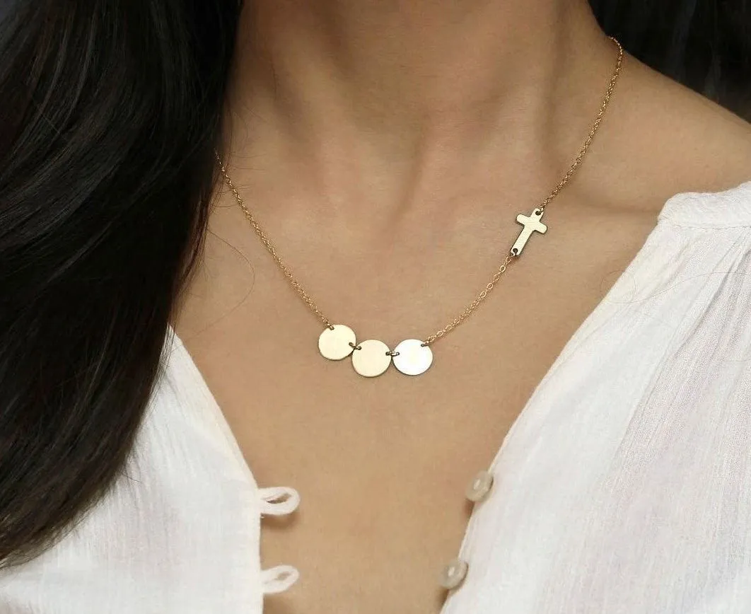 Customized Sideways Cross and Monogram Link Disc 7/16" Necklace