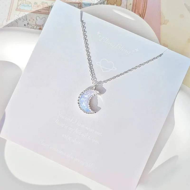 Dainty S925 Silver Gradient Water Ripple Moon Heart Star Necklace