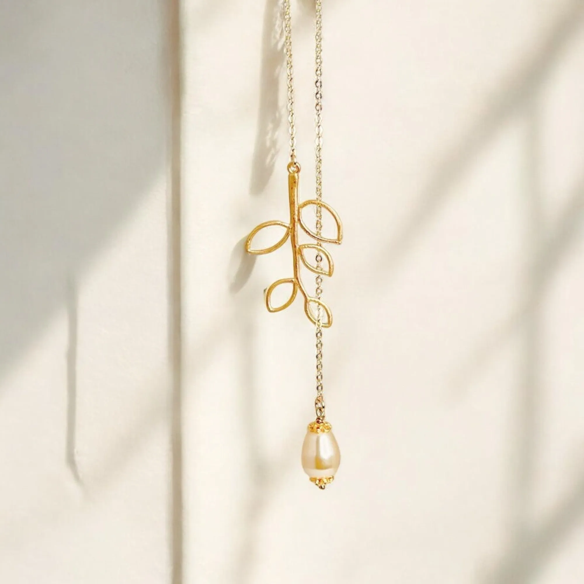 Dainty Teardrop White Pearl on Branch Leaf Necklace
