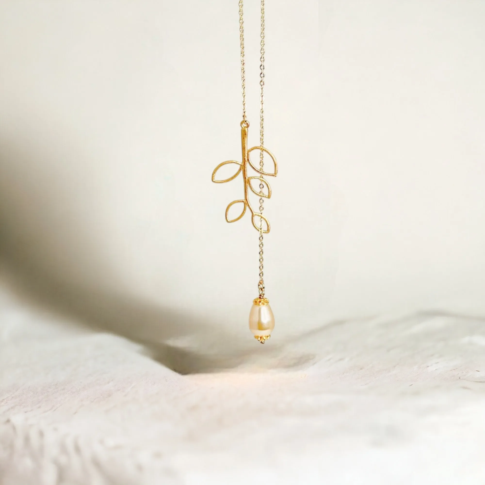 Dainty Teardrop White Pearl on Branch Leaf Necklace