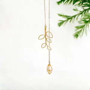 Dainty Teardrop White Pearl on Branch Leaf Necklace
