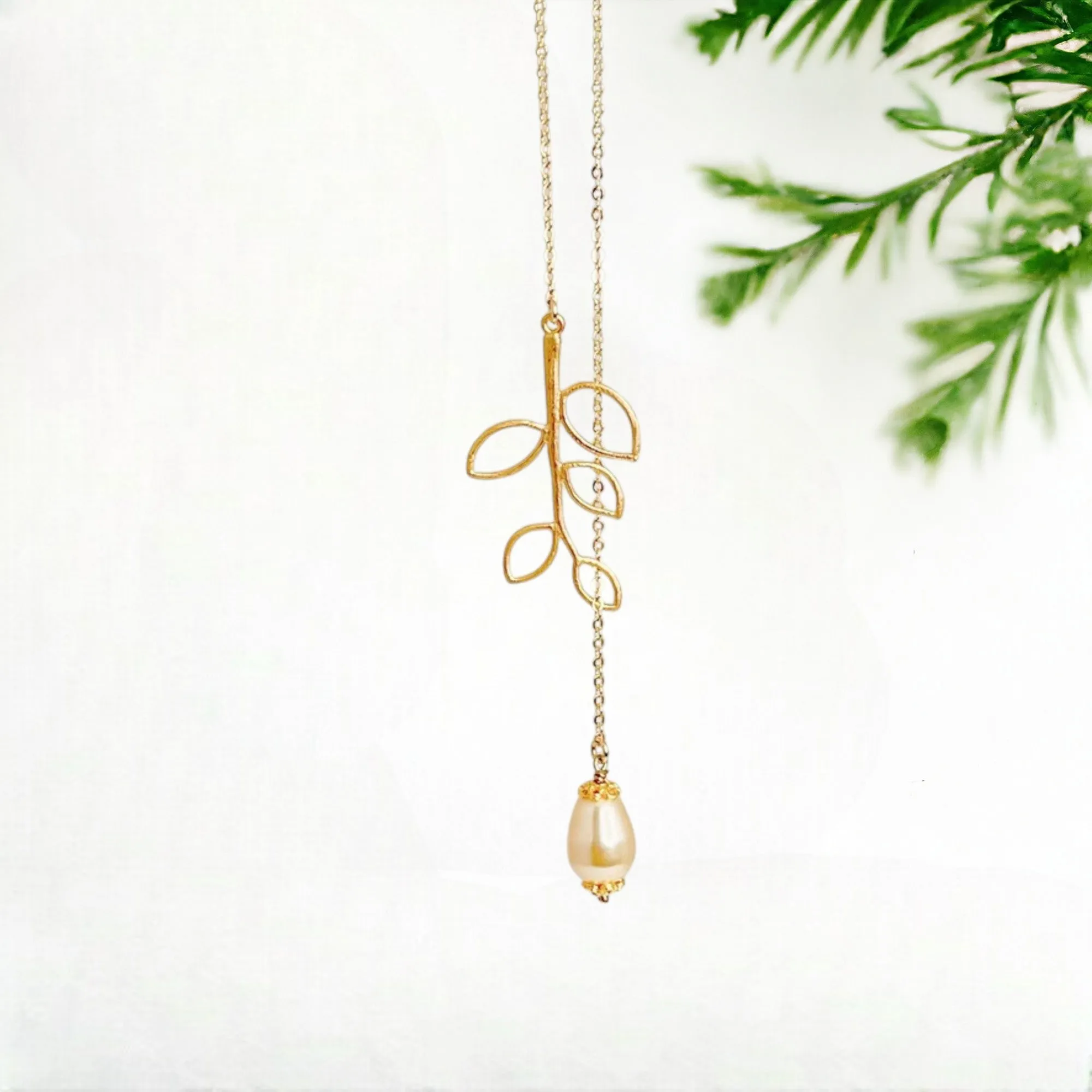 Dainty Teardrop White Pearl on Branch Leaf Necklace