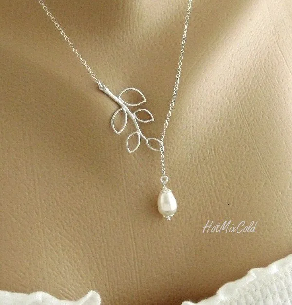 Dainty Teardrop White Pearl on Branch Leaf Necklace